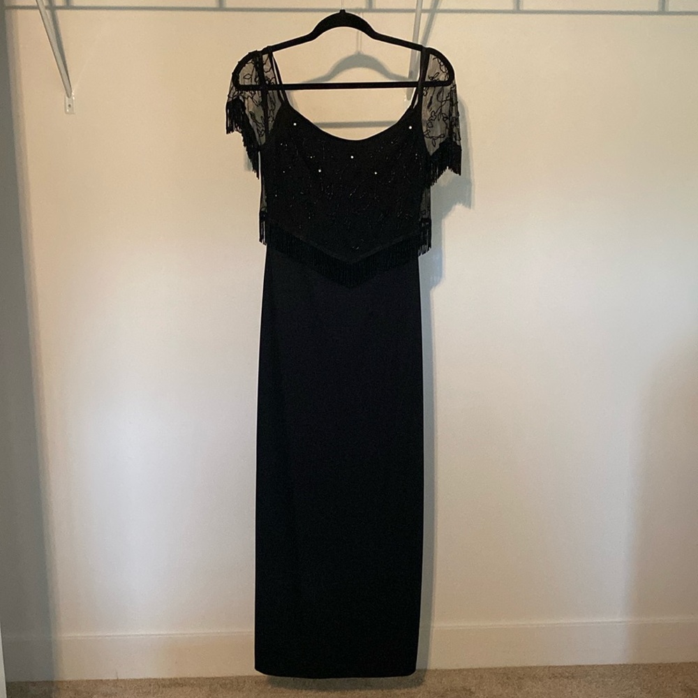 Vintage, long formal black dress with beaded top.